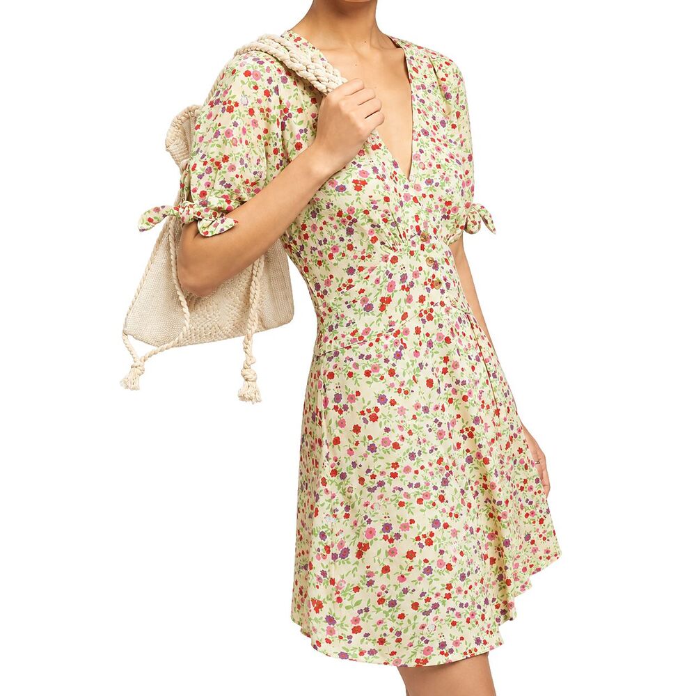 Faithfull The Brand Womens M Marianne Floral Mini Dress Button Front V Neck
